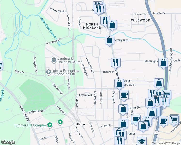 map of restaurants, bars, coffee shops, grocery stores, and more near 3 Grace Park Drive in Cartersville