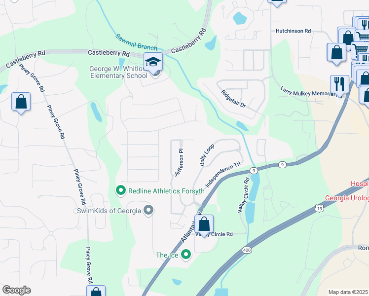 map of restaurants, bars, coffee shops, grocery stores, and more near 625 Jefferson Place in Cumming