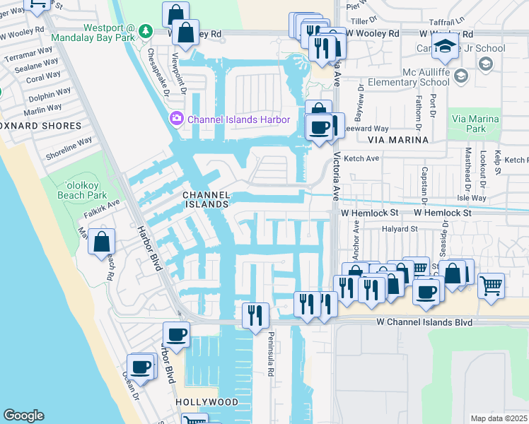 map of restaurants, bars, coffee shops, grocery stores, and more near 2001 Peninsula Road in Oxnard