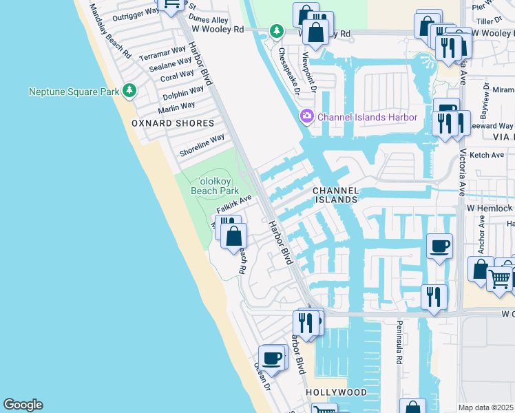 map of restaurants, bars, coffee shops, grocery stores, and more near 1923 Majorca Drive in Oxnard