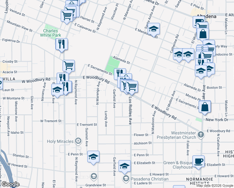 map of restaurants, bars, coffee shops, grocery stores, and more near 376 East Woodbury Road in Altadena