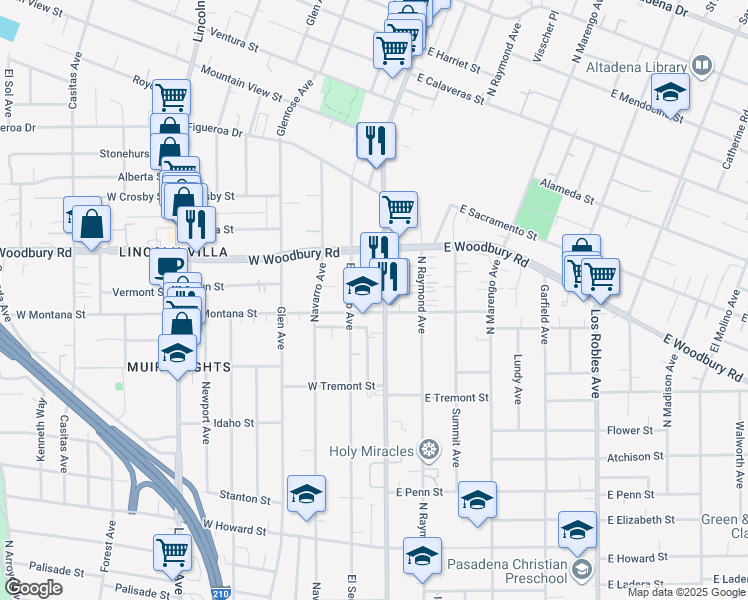 map of restaurants, bars, coffee shops, grocery stores, and more near 2112 El Sereno Avenue in Altadena