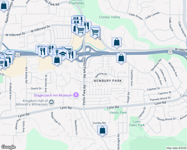 map of restaurants, bars, coffee shops, grocery stores, and more near 1360 Ashton Park Lane in Thousand Oaks