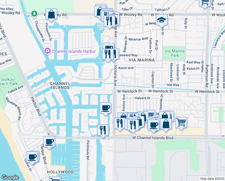 map of restaurants, bars, coffee shops, grocery stores, and more near 1962 Victoria Avenue in Oxnard