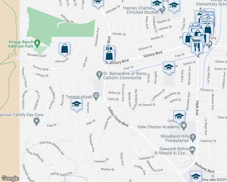 map of restaurants, bars, coffee shops, grocery stores, and more near 24301 Aetna Street in Los Angeles