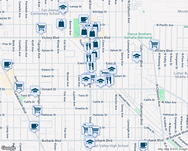 map of restaurants, bars, coffee shops, grocery stores, and more near 10963 Calvert Street in Los Angeles