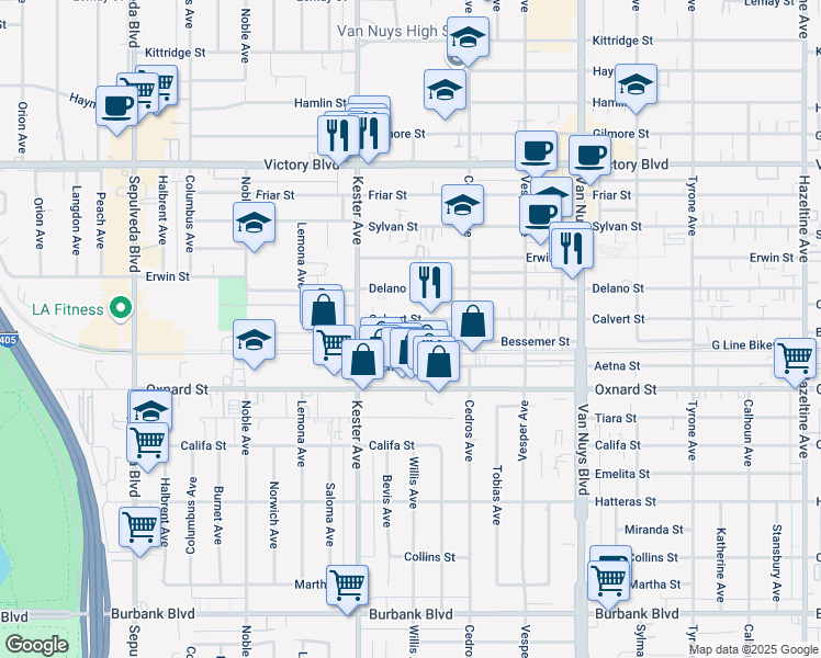 map of restaurants, bars, coffee shops, grocery stores, and more near 14751 Calvert Street in Los Angeles