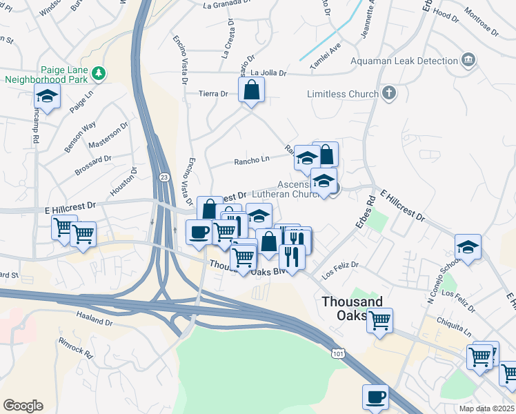map of restaurants, bars, coffee shops, grocery stores, and more near 1348 East Hillcrest Drive in Thousand Oaks