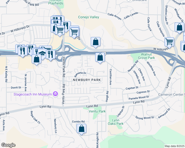 map of restaurants, bars, coffee shops, grocery stores, and more near 1209 Ramona Drive in Thousand Oaks