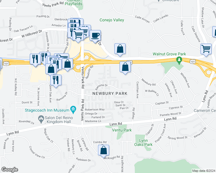 map of restaurants, bars, coffee shops, grocery stores, and more near 1266 Ramona Drive in Thousand Oaks