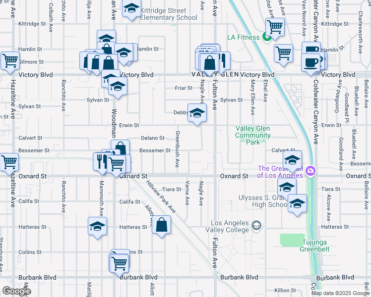 map of restaurants, bars, coffee shops, grocery stores, and more near 6101 Fulton Avenue in Los Angeles