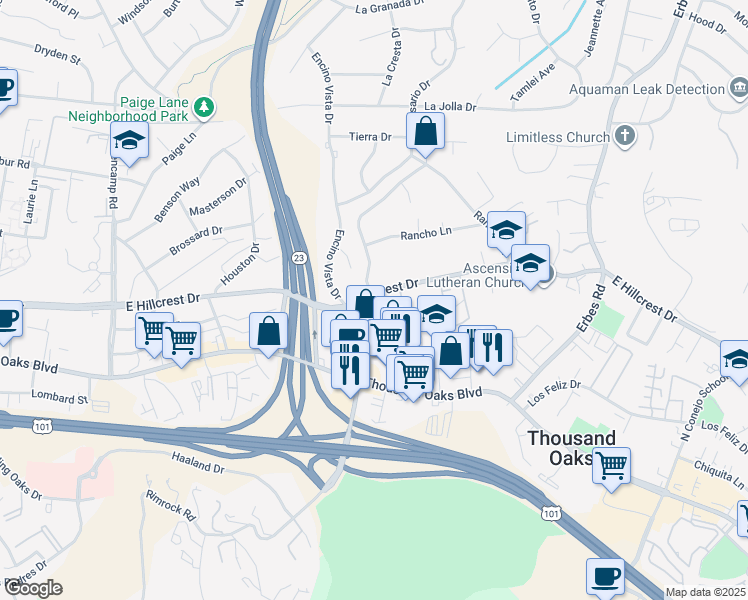 map of restaurants, bars, coffee shops, grocery stores, and more near 251 Hill Ranch Drive in Thousand Oaks