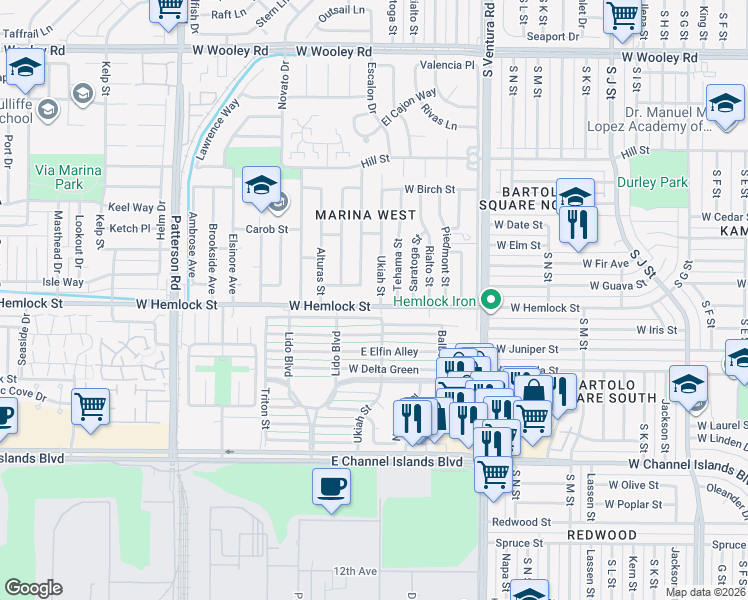 map of restaurants, bars, coffee shops, grocery stores, and more near 1831 Tehama Street in Oxnard
