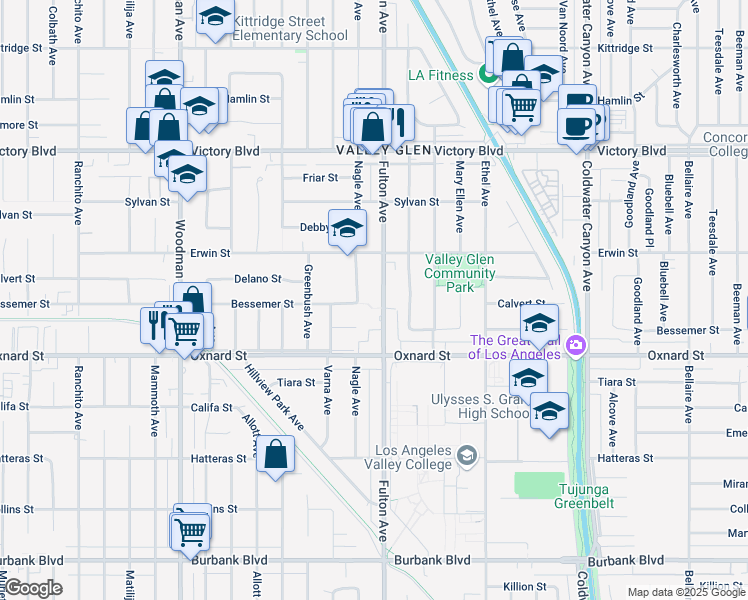 map of restaurants, bars, coffee shops, grocery stores, and more near 6101 Fulton Avenue in Los Angeles