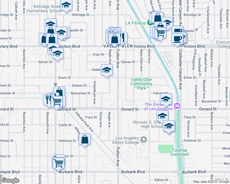 map of restaurants, bars, coffee shops, grocery stores, and more near 6101 Fulton Avenue in Los Angeles