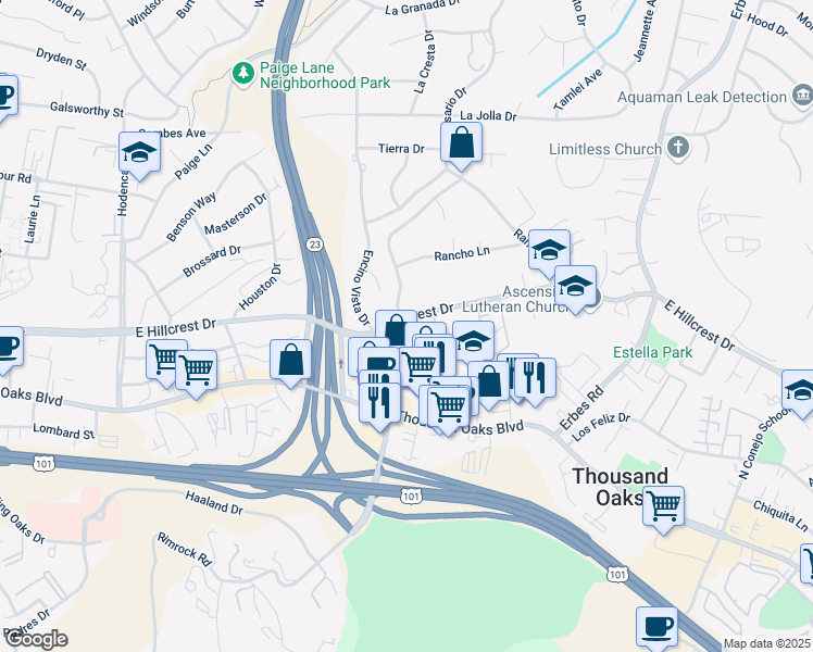 map of restaurants, bars, coffee shops, grocery stores, and more near 251 Hill Ranch Drive in Thousand Oaks