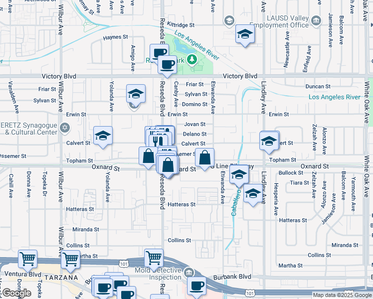 map of restaurants, bars, coffee shops, grocery stores, and more near 18409 Bessemer Street in Los Angeles