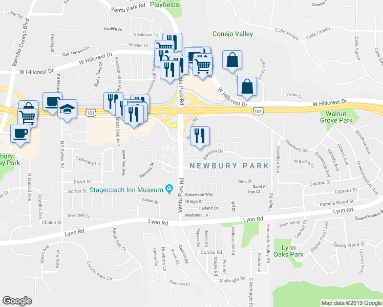 map of restaurants, bars, coffee shops, grocery stores, and more near 1333 Ashton Park Lane in Thousand Oaks