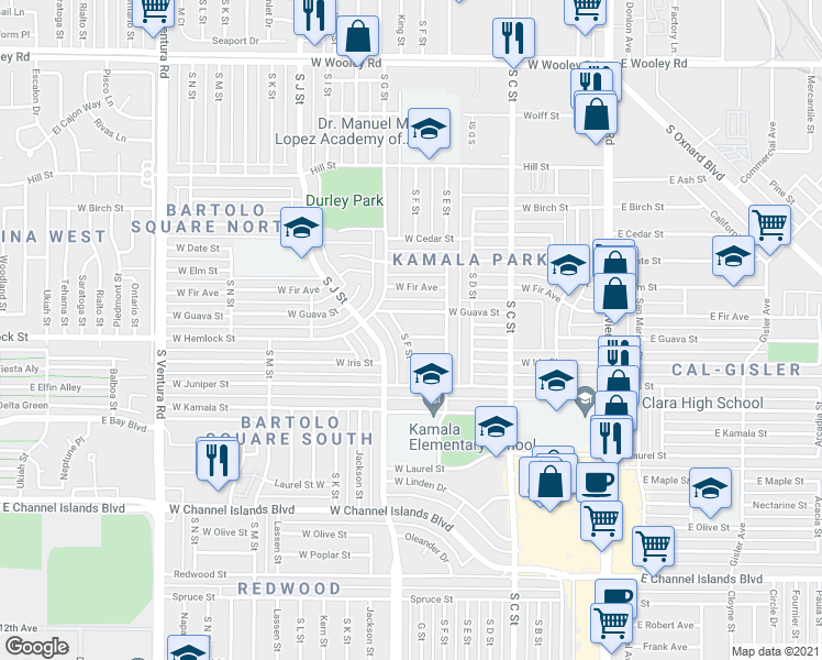 map of restaurants, bars, coffee shops, grocery stores, and more near 721 West Hemlock Street in Oxnard