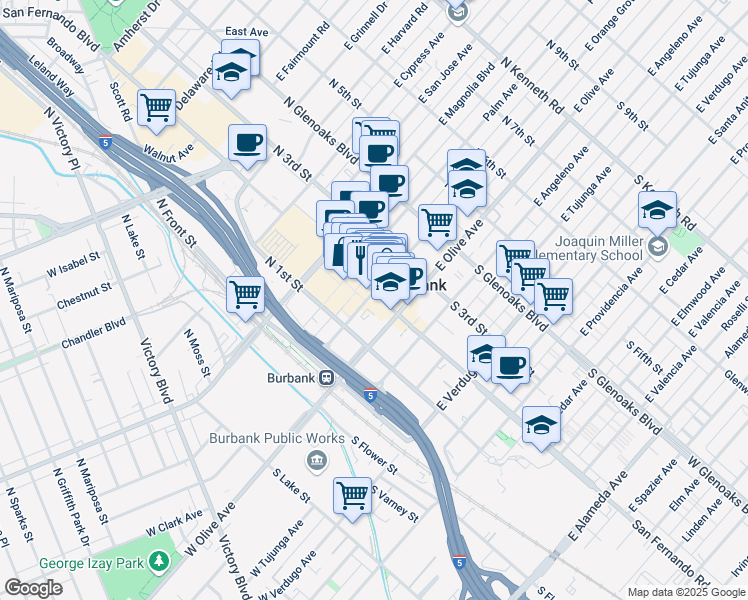 map of restaurants, bars, coffee shops, grocery stores, and more near 220 North San Fernando Boulevard in Burbank