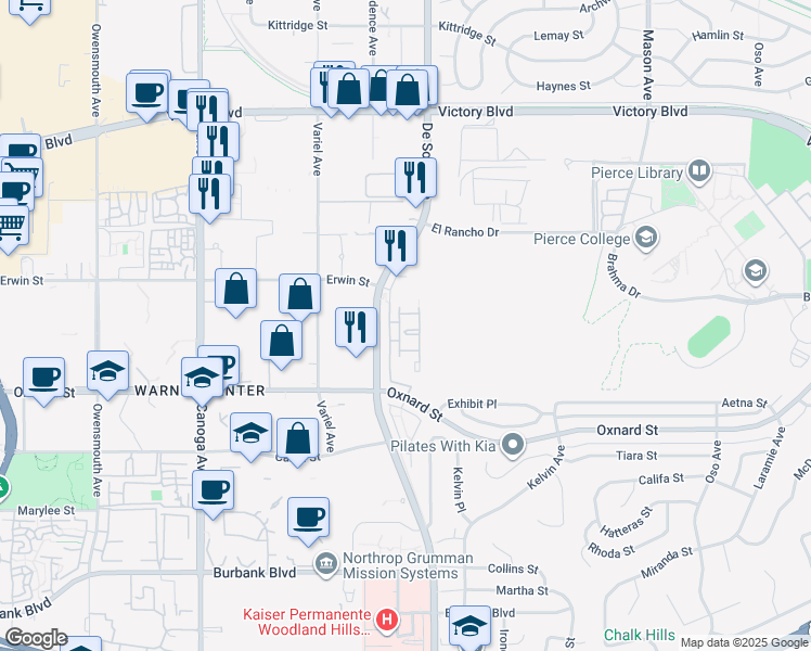 map of restaurants, bars, coffee shops, grocery stores, and more near 6150 De Soto Avenue in Los Angeles