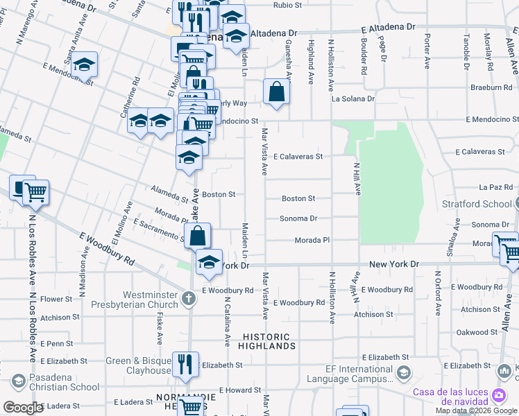 map of restaurants, bars, coffee shops, grocery stores, and more near 2100 Maiden Lane in Altadena