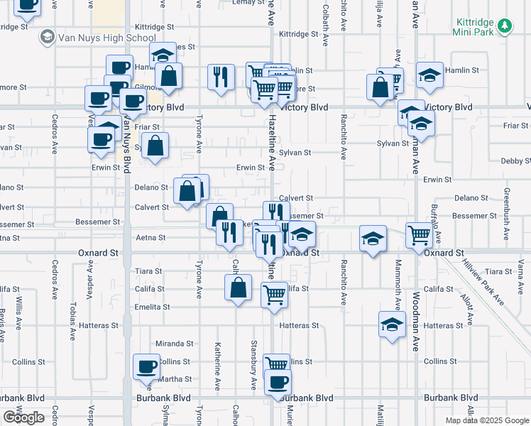 map of restaurants, bars, coffee shops, grocery stores, and more near 14100 Calvert Street in Los Angeles