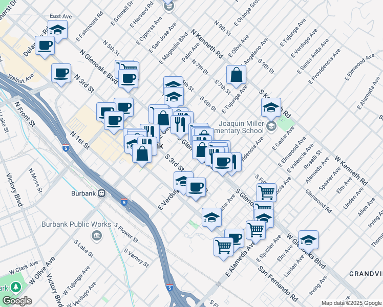 map of restaurants, bars, coffee shops, grocery stores, and more near 303 South Glenoaks Boulevard in Burbank