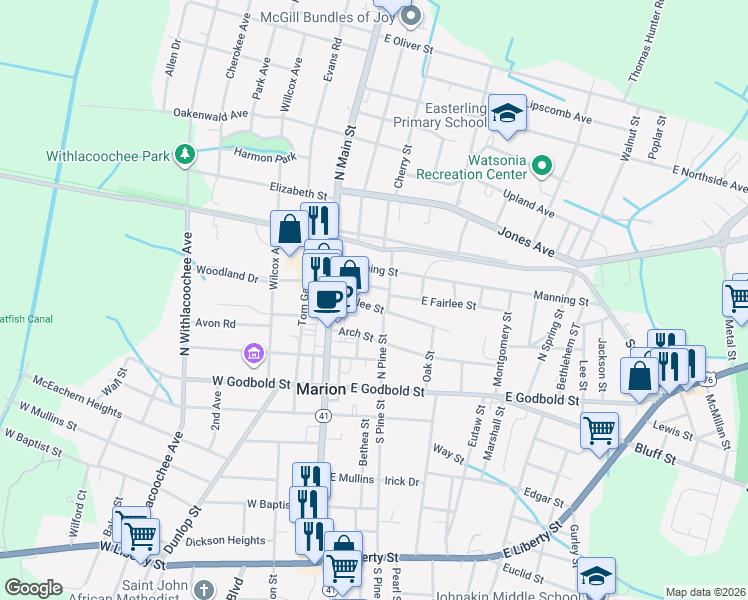 map of restaurants, bars, coffee shops, grocery stores, and more near 219 East Fairlee Street in Marion