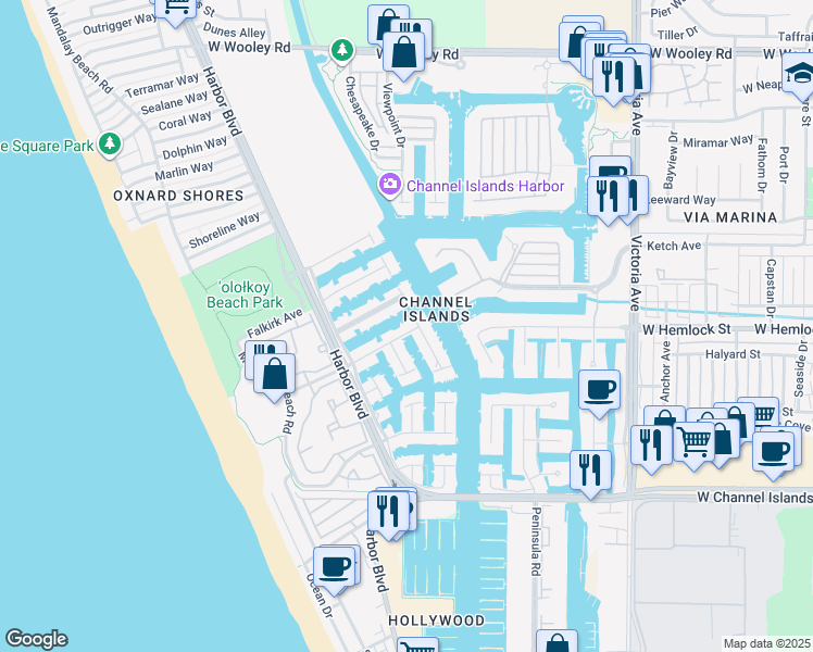 map of restaurants, bars, coffee shops, grocery stores, and more near 4415 Costa De Oro in Oxnard