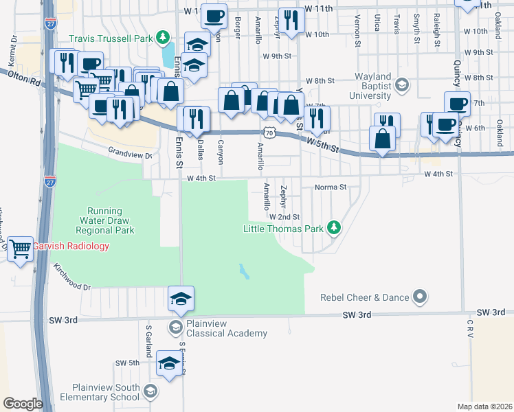 map of restaurants, bars, coffee shops, grocery stores, and more near 2902 West 4th Street in Plainview