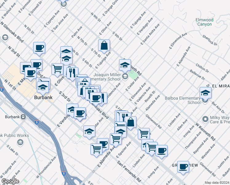 map of restaurants, bars, coffee shops, grocery stores, and more near 575 East Providencia Avenue in Burbank