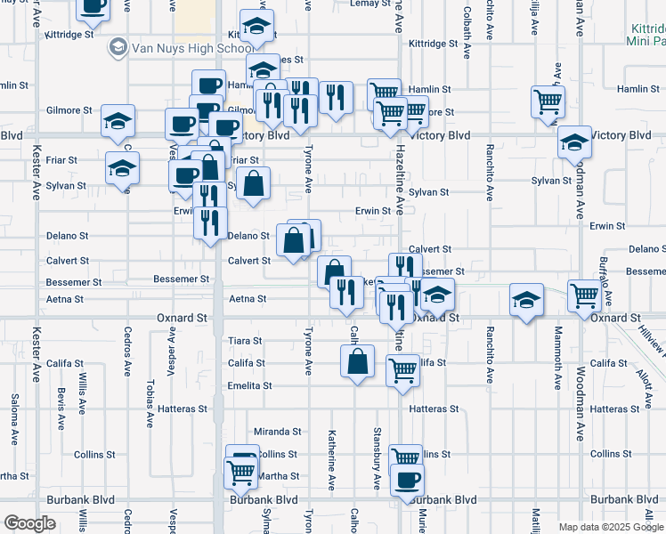 map of restaurants, bars, coffee shops, grocery stores, and more near 14223 Calvert Street in Los Angeles