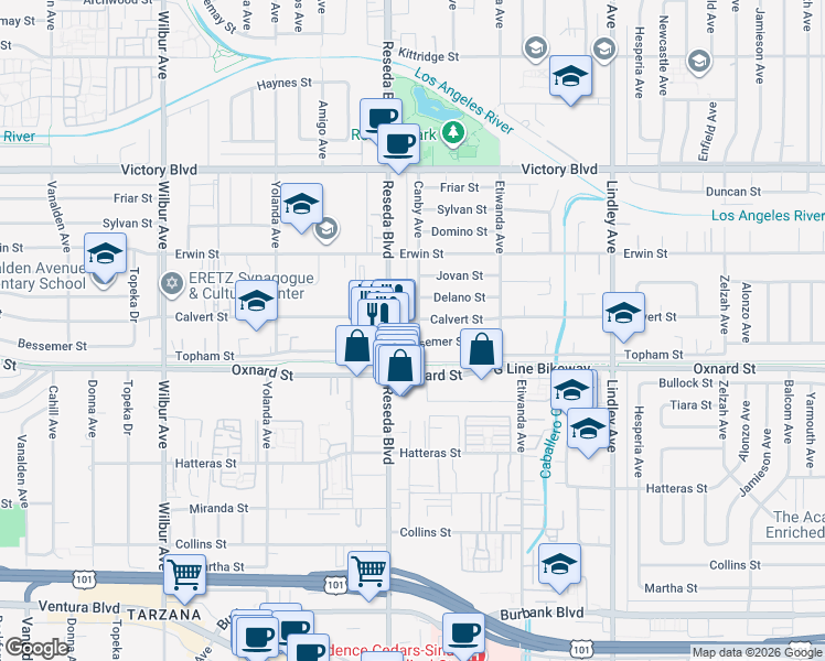 map of restaurants, bars, coffee shops, grocery stores, and more near 18419 Calvert Street in Los Angeles