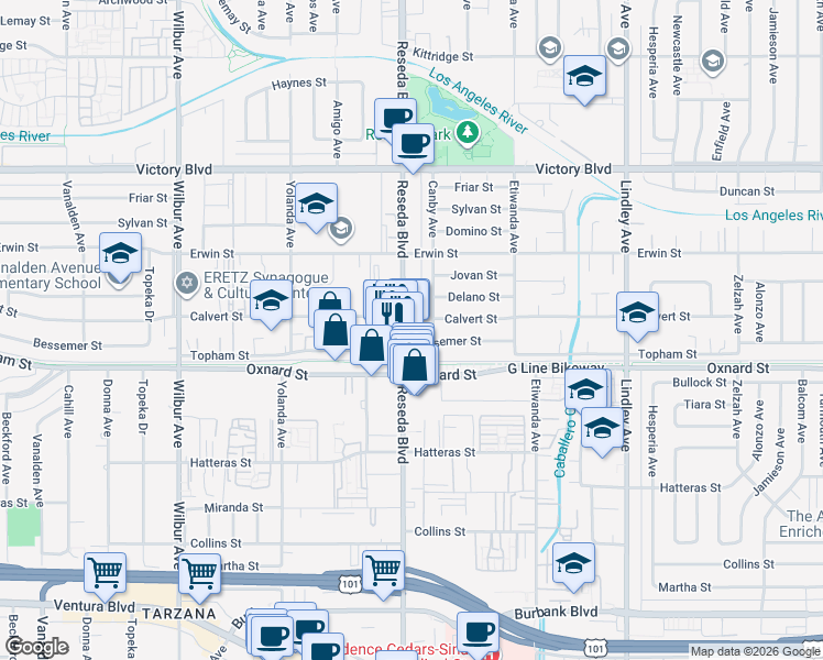map of restaurants, bars, coffee shops, grocery stores, and more near 6151 Reseda Boulevard in Los Angeles