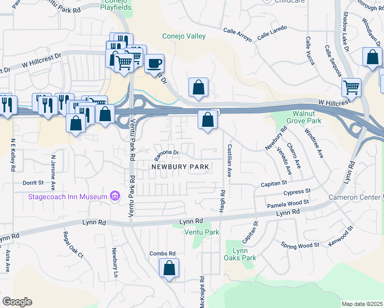 map of restaurants, bars, coffee shops, grocery stores, and more near 1209 Ramona Drive in Thousand Oaks