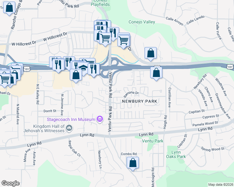map of restaurants, bars, coffee shops, grocery stores, and more near 1333 Ashton Park Lane in Thousand Oaks