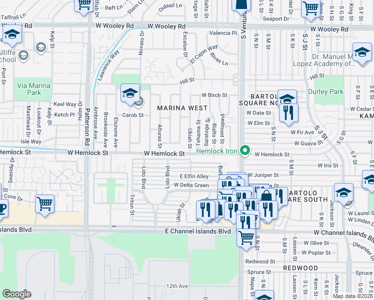 map of restaurants, bars, coffee shops, grocery stores, and more near 1831 Tehama Street in Oxnard