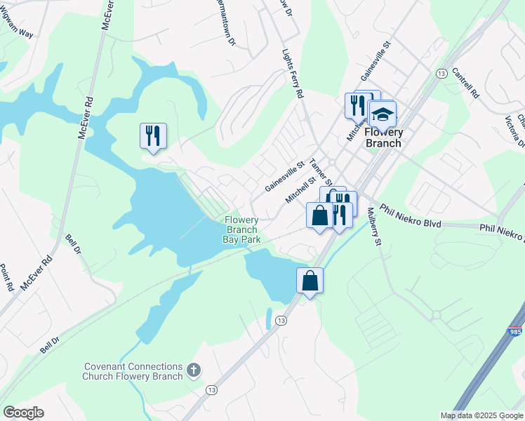 map of restaurants, bars, coffee shops, grocery stores, and more near 6193 Gainesville Street in Flowery Branch