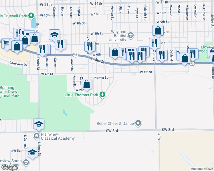 map of restaurants, bars, coffee shops, grocery stores, and more near 303 Irene Street in Plainview