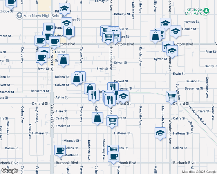 map of restaurants, bars, coffee shops, grocery stores, and more near 14100 Calvert Street in Los Angeles