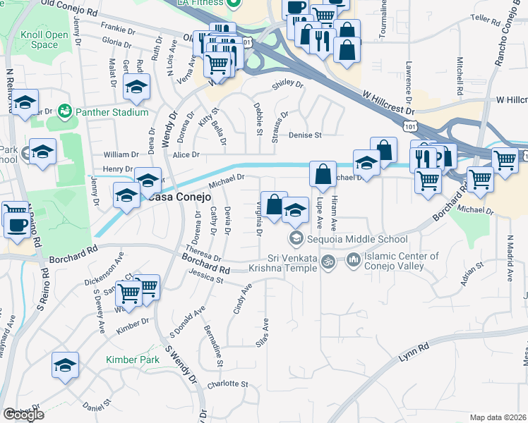map of restaurants, bars, coffee shops, grocery stores, and more near 216 Virginia Drive in Thousand Oaks