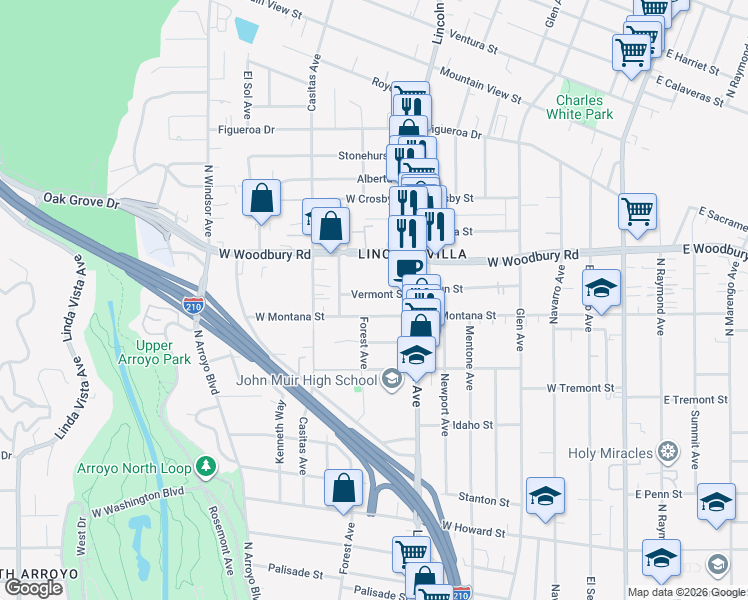 map of restaurants, bars, coffee shops, grocery stores, and more near 508 Vermont Street in Altadena