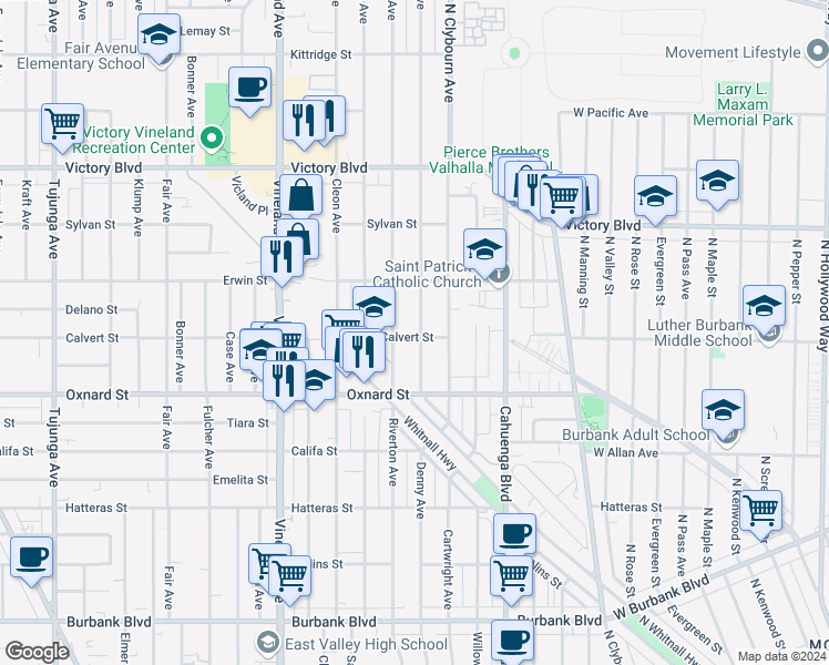 map of restaurants, bars, coffee shops, grocery stores, and more near 6101 Denny Avenue in Los Angeles