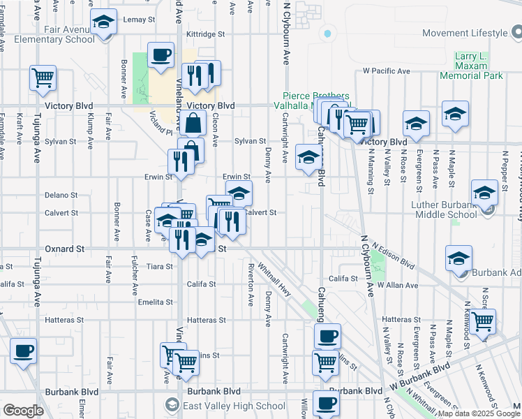map of restaurants, bars, coffee shops, grocery stores, and more near 10739 Calvert Street in Los Angeles