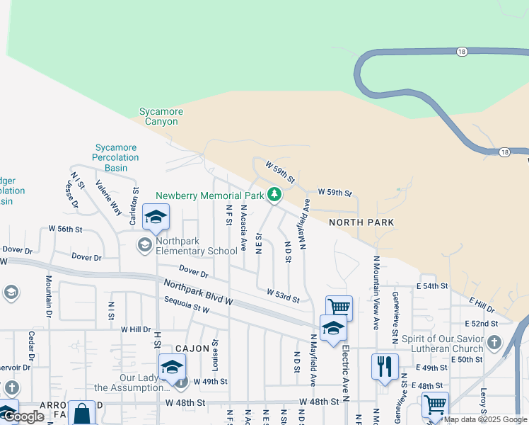 map of restaurants, bars, coffee shops, grocery stores, and more near in San Bernardino County