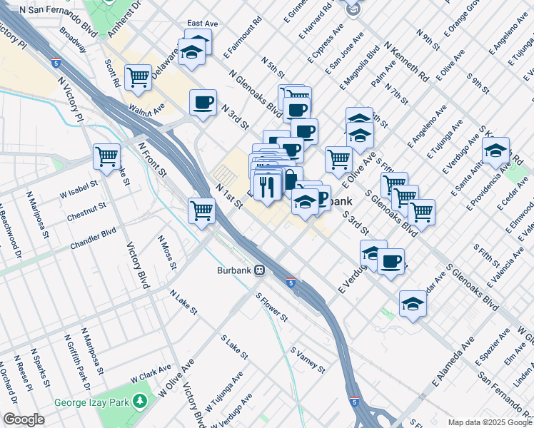 map of restaurants, bars, coffee shops, grocery stores, and more near 152 Palm Avenue in Burbank