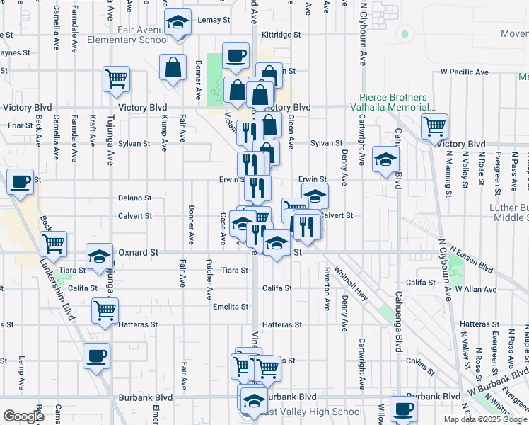 map of restaurants, bars, coffee shops, grocery stores, and more near 10957 Calvert Street in Los Angeles