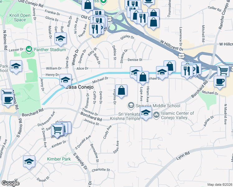 map of restaurants, bars, coffee shops, grocery stores, and more near 216 Virginia Drive in Thousand Oaks