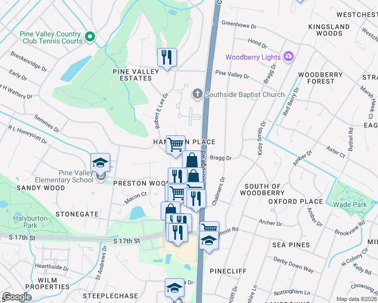 map of restaurants, bars, coffee shops, grocery stores, and more near 731 Sovereign Place in Wilmington